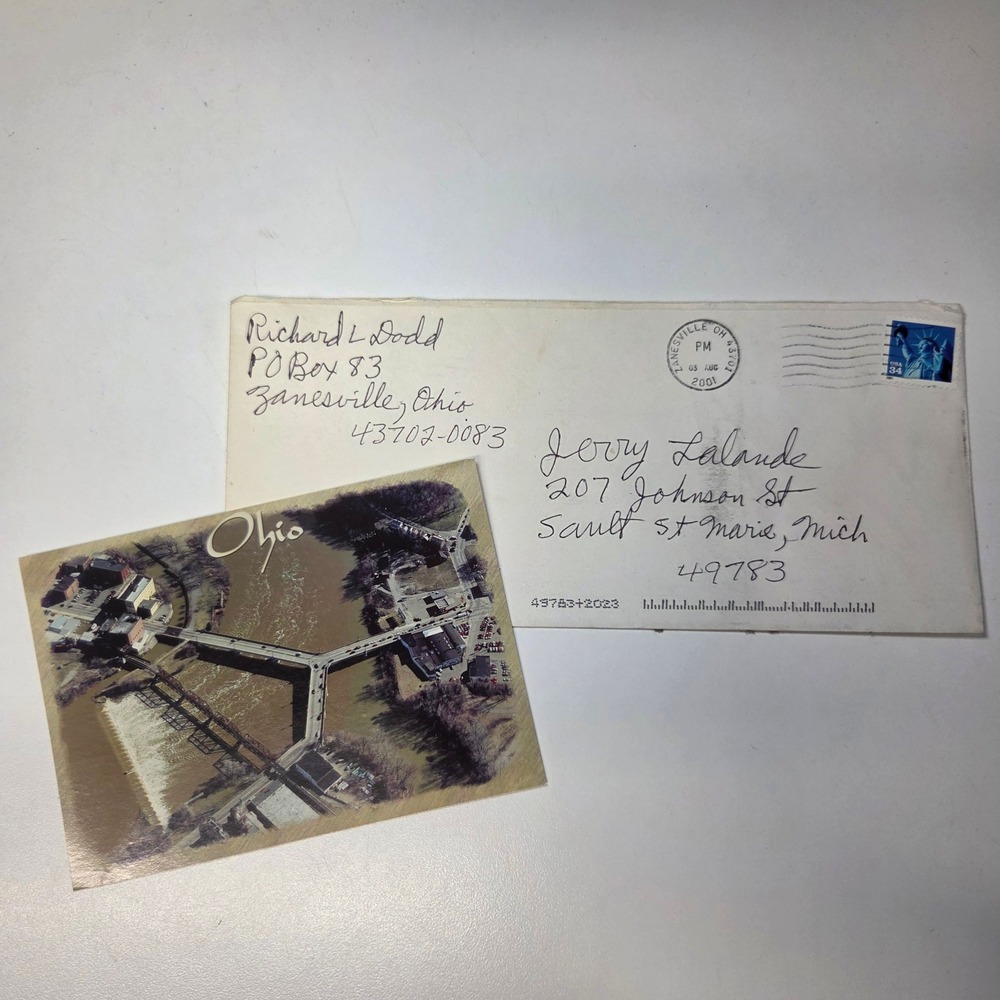 Zanesville Ohio Y Bridge Postcard and 2001 Postmarked Envelope